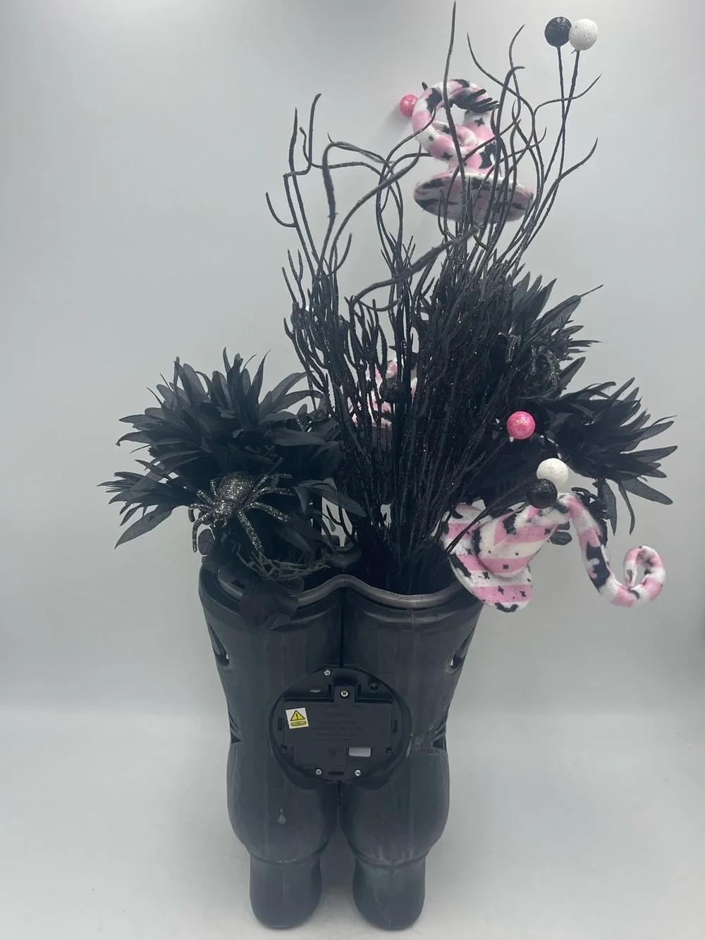 Gothic Halloween Centerpiece Witch Boots Plastic Vase w/Pink Hats & Faux Florals